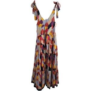 THML Abstract Watercolor Tie Strap Tiered Midi Dress Cotton Lined Women’s M